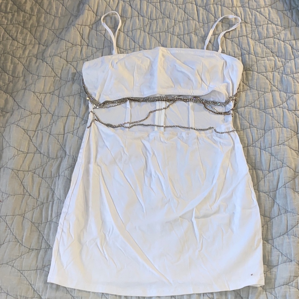 PrettyLittleThing White Body-con Dress with Silvery Jewel Chains